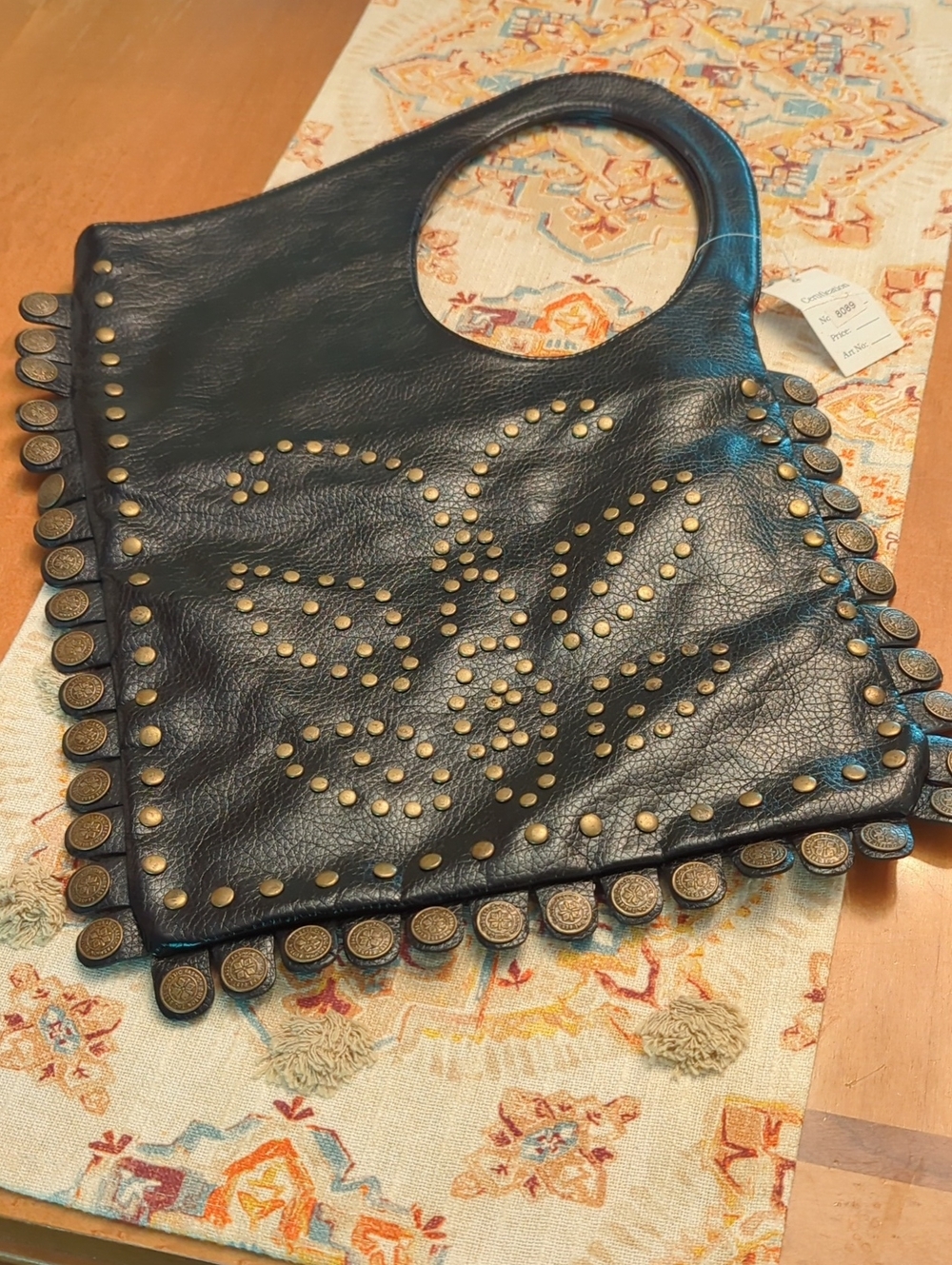 Studded Circle-Handle Leather Tote in Black